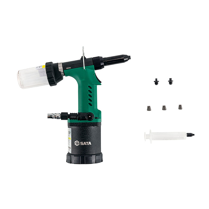 Máy rút  đinh ri vê tự động dùng khí nén kết hợp cơ chế thủy lực SATA, kích thước đinh tán từ Ø3.2 - Ø6.4. Lực rút từ 5800 - 19000N