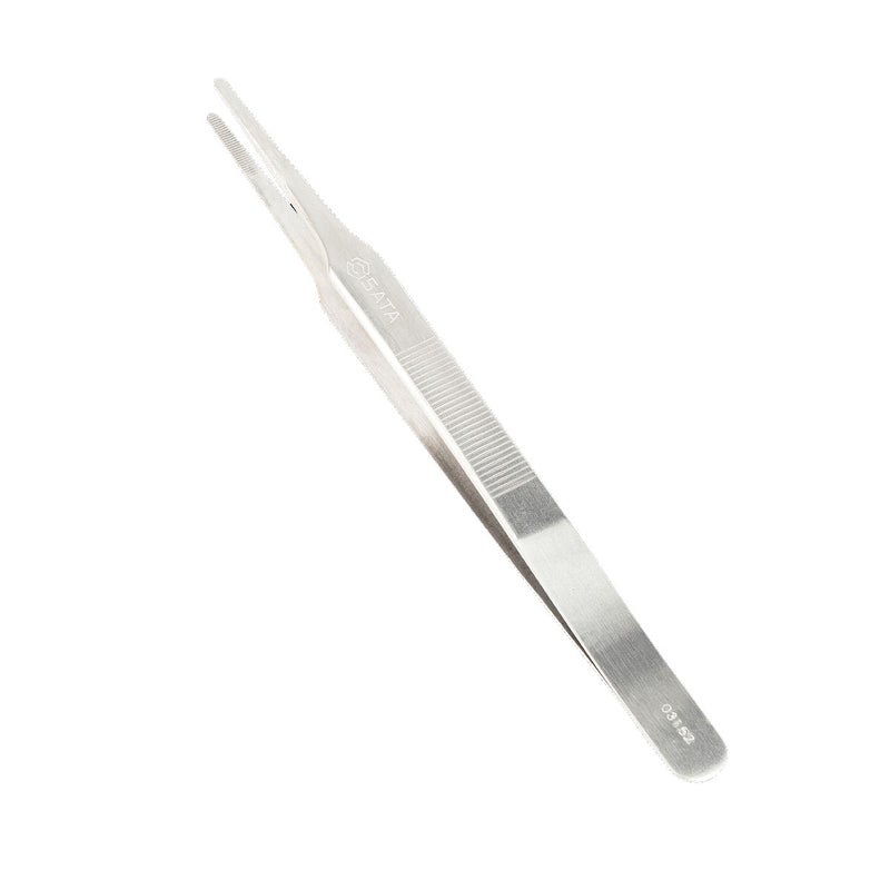 Nhíp gắp linh kiện điện tử, mũi tròn dẹp có răng cưa, chất liệu Inox SATA 03152