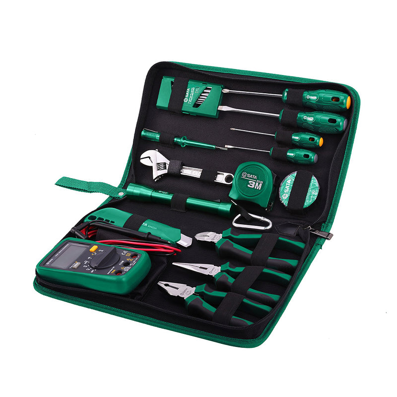 Bộ dụng cụ sửa điện 21 chi tiết SATA 03790: đồng hồ vạn năng, kìm, tua vít, đèn pin, thước cuộn.