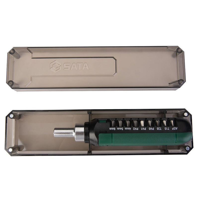 Bộ đầu tuýp và mũi vặn vít 15 chi tiết SATA 05102, tay vặn bánh cóc tự động, mũi dẹp, bake, sao, đầu tuýp cốt 1/4 inch.
