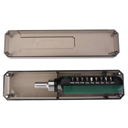 Bộ đầu tuýp và mũi vặn vít 15 chi tiết SATA 05102, tay vặn bánh cóc tự động, mũi dẹp, bake, sao, đầu tuýp cốt 1/4 inch.