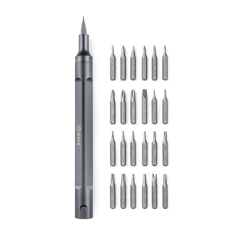 Bộ tua vít điện tử SATA 05108 24 chi tiết, thiết kế dạng bút, mũi vít thép S2, ứng dụng sửa chữa đa dạng.