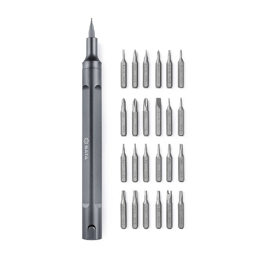 Bộ tua vít điện tử SATA 05108 24 chi tiết, thiết kế dạng bút, mũi vít thép S2, ứng dụng sửa chữa đa dạng.
