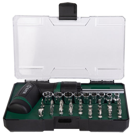 Bộ đầu tuýp và mũi vặn vít đa năng dạng gập 42 chi tiết SATA 05111 với tay cầm Ratchet, thép S2, gọn gàng, tiện lợi, đáp ứng mọi nhu cầu sửa chữa.