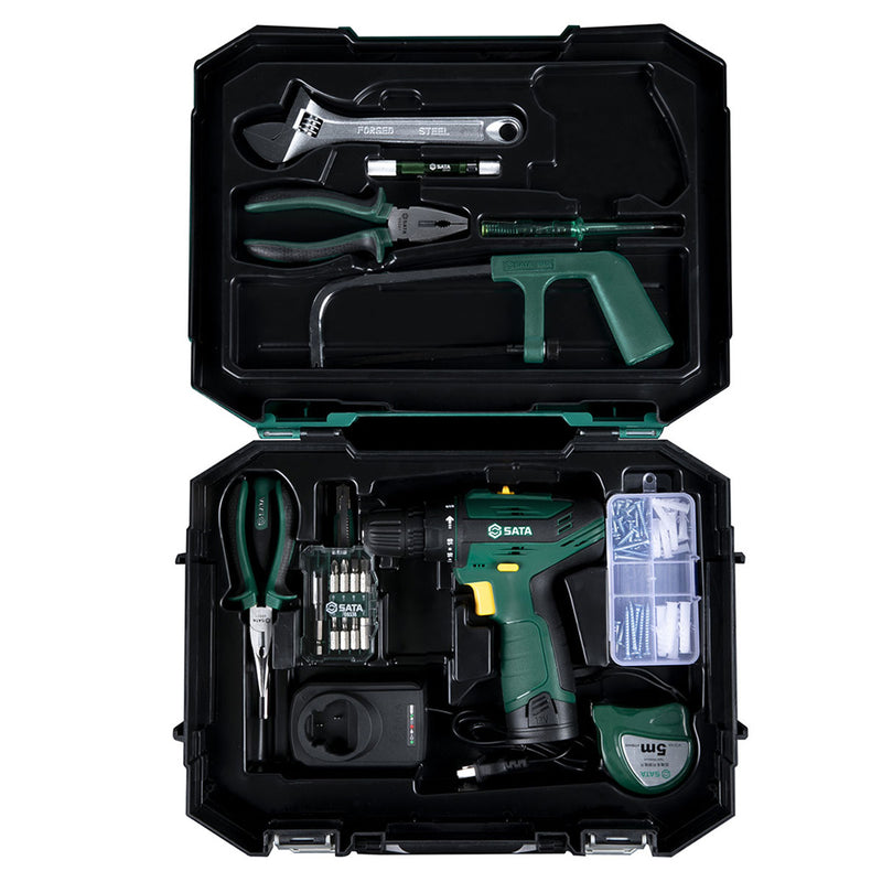 Bộ máy khoan gỗ thép dùng Pin 12V và dụng cụ cầm tay 77 chi tiết SATA 05152B