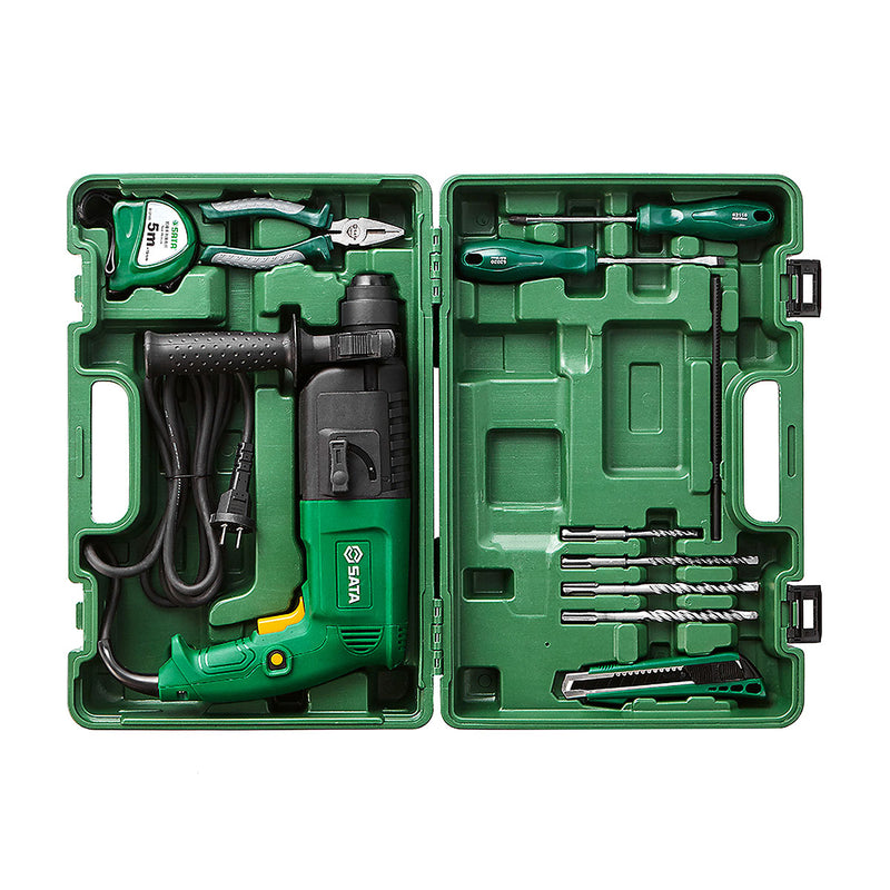 Bộ dụng cụ máy khoan bê tông 2 chức năng SATA 05153 12 chi tiết đầy đủ dụng cụ.
