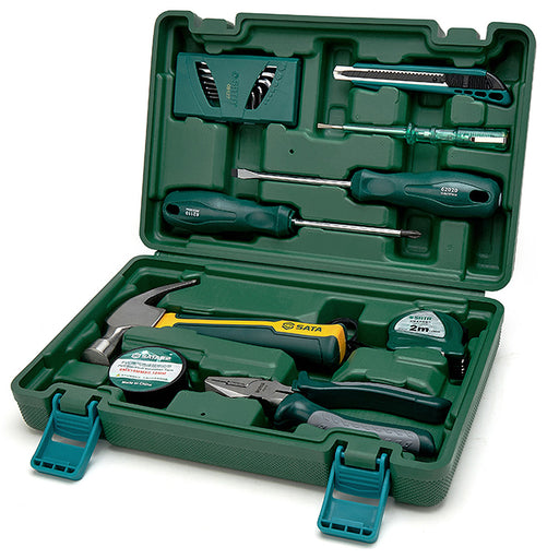 Bộ dụng cụ cầm tay SATA 05162 15 chi tiết: búa, kìm, tua vít, bút thử điện, dao rọc giấy, thước cuộn, lục giác.