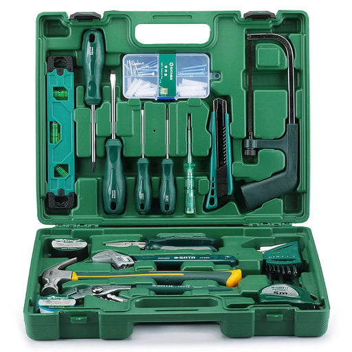 Bộ dụng cụ cầm tay 25 chi tiết SATA 05165: Kìm, búa, tua vít, mỏ lết, thước thủy, dao rọc giấy, cưa, băng keo, lục giác cho sửa chữa ống nước, điện, nội thất.