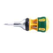 Tua vít lùn tự động 7 trong 1 SATA 05428 với 6 đầu vít Cr-V, cơ cấu bánh cóc, tay cầm công thái học.