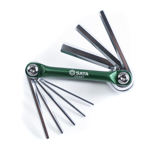 Bộ lục giác gập 8 chi tiết SATA 05481, thép Cr-V, hệ mét, 1.5-8mm, tay cầm nhựa hai thành phần, thiết kế gập gọn tiện lợi.