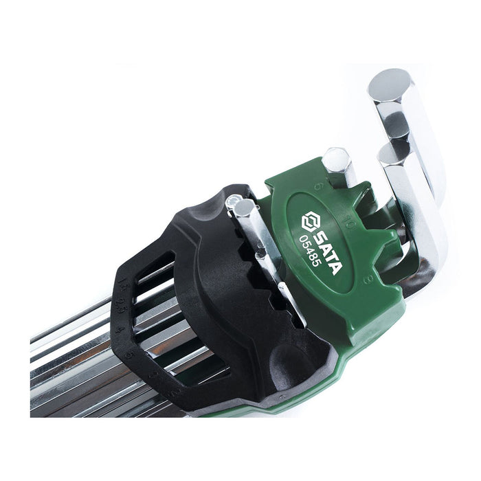 Bộ lục giác đầu bi thân dài 9 chi tiết SATA 05485 chất liệu thép S2, mạ Crom