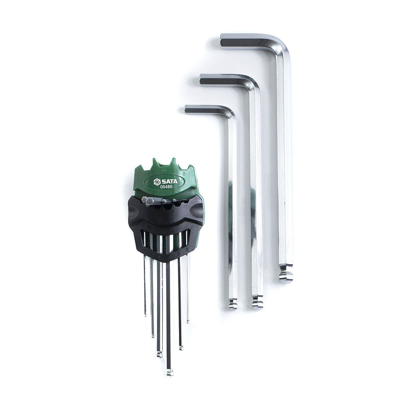 Bộ lục giác đầu bi thân dài 9 chi tiết SATA 05485 chất liệu thép S2, mạ Crom