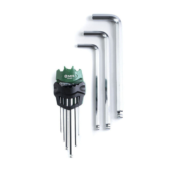 Bộ lục giác đầu bi thân dài 9 chi tiết SATA 05485 chất liệu thép S2, mạ Crom