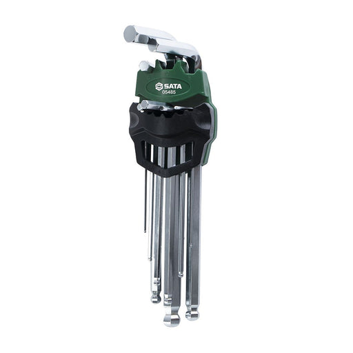 Bộ lục giác đầu bi thân dài 9 chi tiết SATA 05485, kích thước 1.5-10mm, thép Cr-V, mạ crôm mờ, góc làm việc 25°.