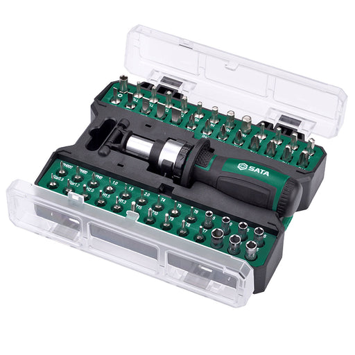 Bộ mũi vặn vít đa năng 53 chi tiết SATA 05492, tay vặn bánh cóc, bao gồm nhiều loại mũi dẹp, Phillips, Torx, lục giác, Star, vuông, đầu tuýp.