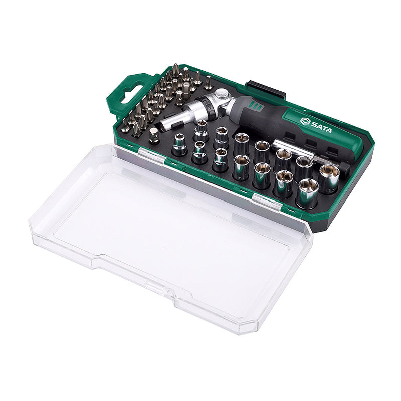 Bộ đầu tuýp và mũi vặn vít 40 chi tiết SATA 05495 cốt 1/4 inch, Cr-V, mạ crôm, tay cầm công thái học, hộp nhựa.