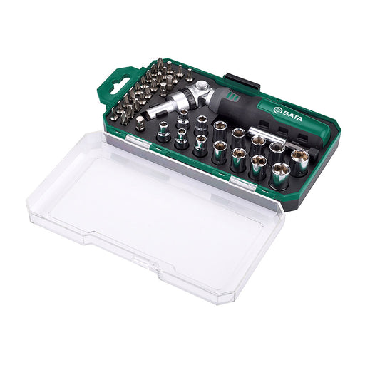 Bộ đầu tuýp và mũi vặn vít 40 chi tiết SATA 05495 cốt 1/4 inch, Cr-V, mạ crôm, tay cầm công thái học, hộp nhựa.