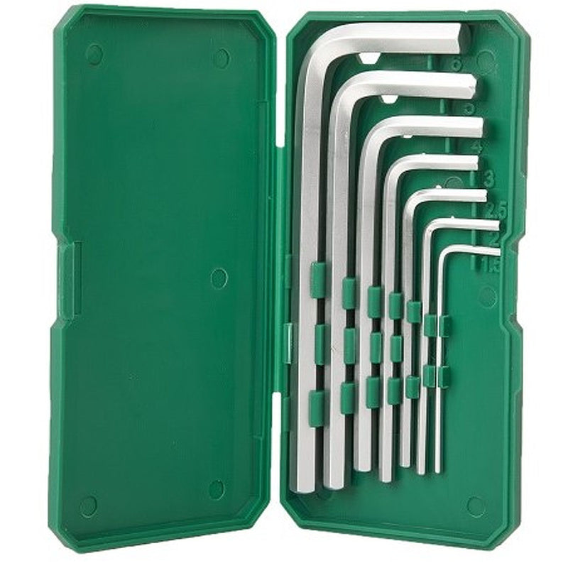 Bộ lục giác 7 chi tiết SATA 05562 đầu bằng, hệ mét, kích thước 1.5mm - 6mm, thép hợp kim, kèm hộp đựng xanh lá.