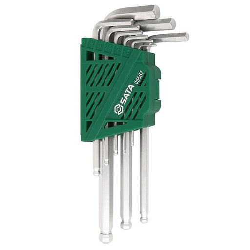 Bộ lục giác đầu bi 9 chi tiết SATA 05567, kích thước 1.5-10mm, thép Cr-V, mạ Chrome.