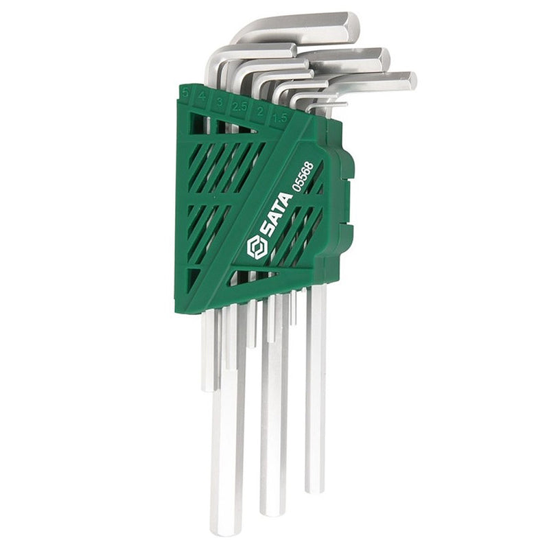 Bộ lục giác bi 9 chi tiết SATA 05568, hệ mét, kích thước 1.5mm-10mm, thép Cr-V, mạ Chrome, loại dài.