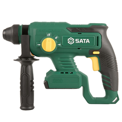Máy khoan bê tông 3 chức năng SATA 05822B dùng pin 18V, động cơ không chổi than, đầu gài SDS-Plus, lực đập 2J, khoan bê tông tối đa Ø14mm, trọng lượng 2kg.