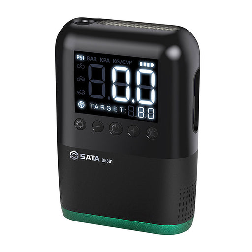 Máy bơm lốp xe mini SATA 05891, không dây, màn hình LCD kỹ thuật số, tự động dừng, 4 đơn vị đo, đèn LED, sạc USB Type-C.