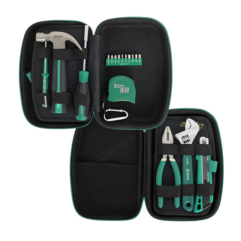 Bộ dụng cụ sửa chữa cơ bản 17 chi tiết SATA 06002A bao gồm búa, kìm, mỏ lết, dao rọc, thước cuộn, bút thử điện và 10 mũi vặn vít.