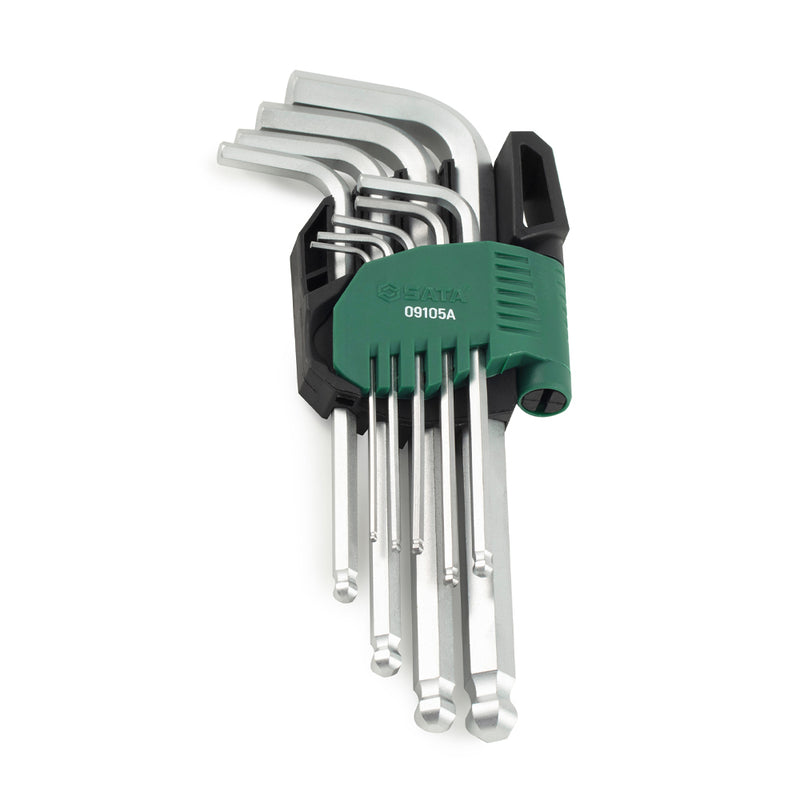 Bộ lục giác đầu bi SATA 09105A 9 chi tiết, hệ mét 1.5-10mm bằng thép Cr-V mạ chrome mờ