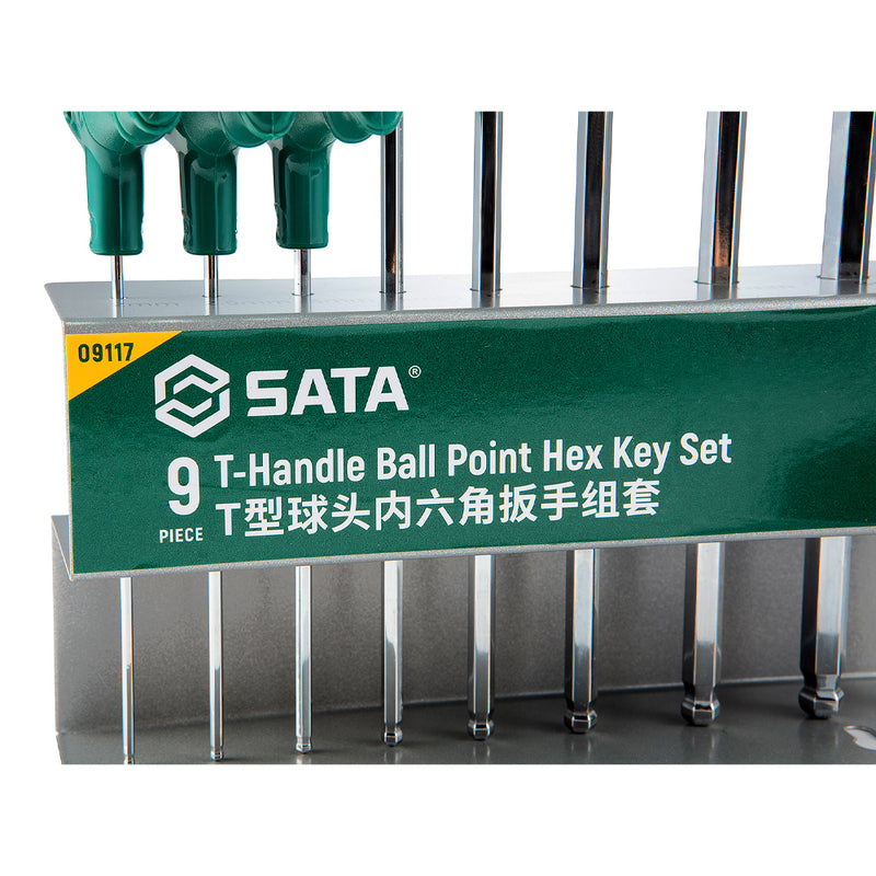 Bộ lục giác đầu bi 9 chi tiết, tay cầm chữ T, Chất liệu bằng thép SVCM SATA 09117