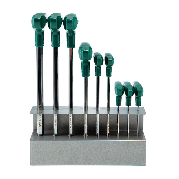 Bộ lục giác đầu bi 9 chi tiết, tay cầm chữ T, Chất liệu bằng thép SVCM SATA 09117