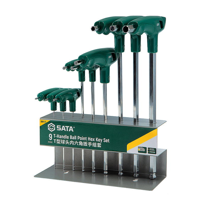 Bộ lục giác đầu bi 9 chi tiết, tay cầm chữ T, Chất liệu bằng thép SVCM SATA 09117