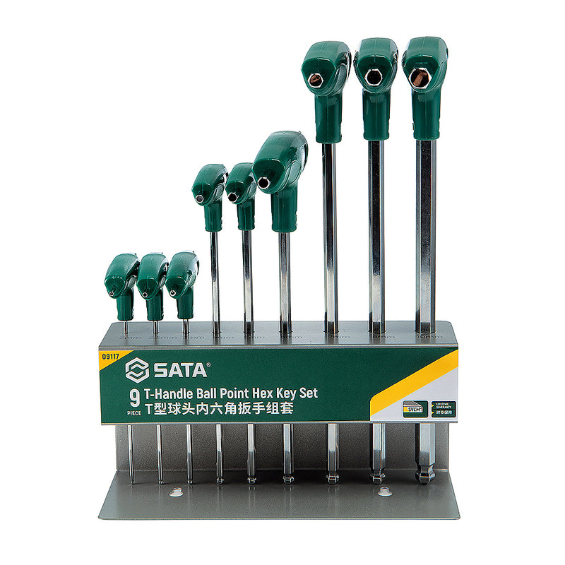 Bộ lục giác đầu bi 9 chi tiết, tay cầm chữ T, Chất liệu bằng thép SVCM SATA 09117