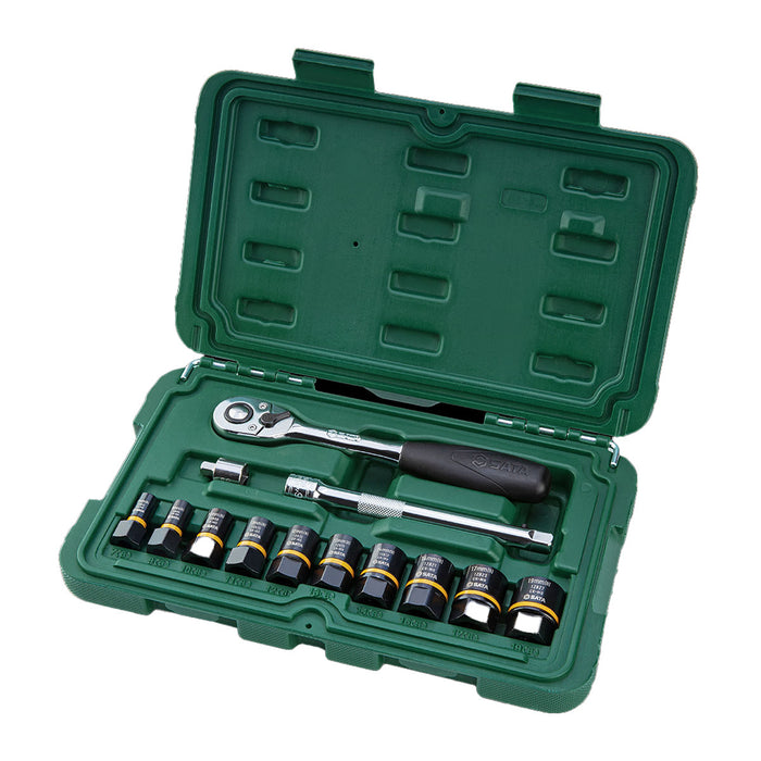 Bộ đầu tuýp 13 chi tiết SATA 09137 gồm cốt 1/4 inch và 3/8 inch,  hàm kiểu Bolt-biter mở bu lông hình bông hoa 6 cạnh