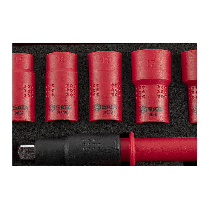 Bộ đầu tuýp cách điện 1000V 16 chi tiết SATA 09268, kích thước 3/8 inch, đạt tiêu chuẩn IEC/EN 60900