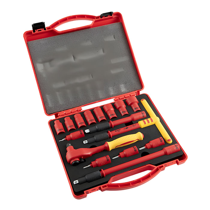 Bộ đầu tuýp cách điện 1000V 16 chi tiết SATA 09268, kích thước 3/8 inch, đạt tiêu chuẩn IEC/EN 60900