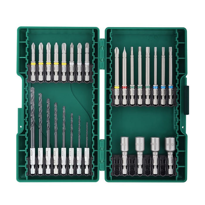 Bộ phụ kiện mũi vít & mũi khoan sắt 28 chi tiết SATA 09336 cốt 6.35mm, chất liệu thép S2 dùng cho máy bắn vít