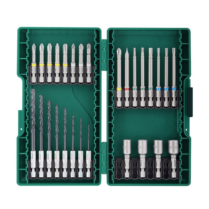 Bộ mũi vặn vít và mũi khoan kim loại SATA 09336 28 chi tiết, đuôi lục giác 6.35mm, thép S2, HSS.