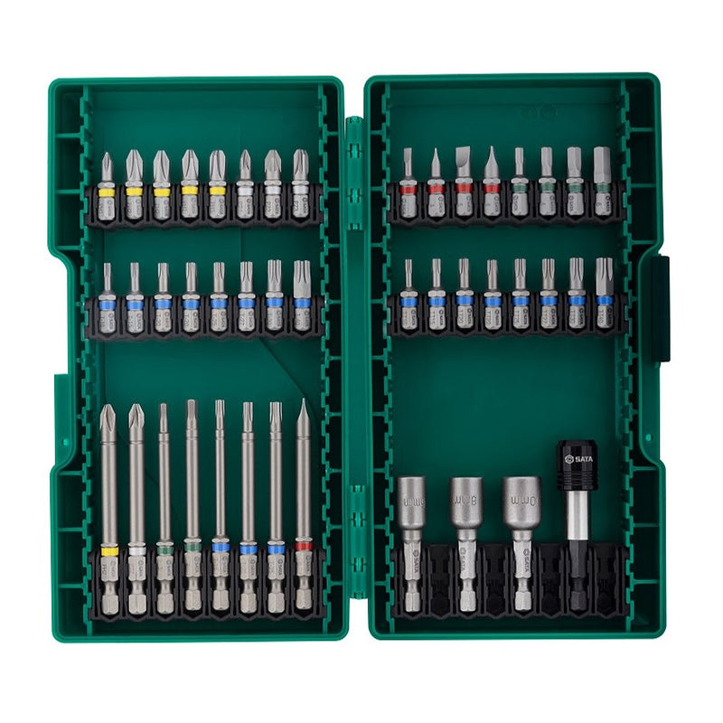Bộ mũi vặn vít 44 chi tiết SATA 09337 đa năng, thép S2, đuôi lục giác 6.35mm, kèm đầu giữ từ tính.