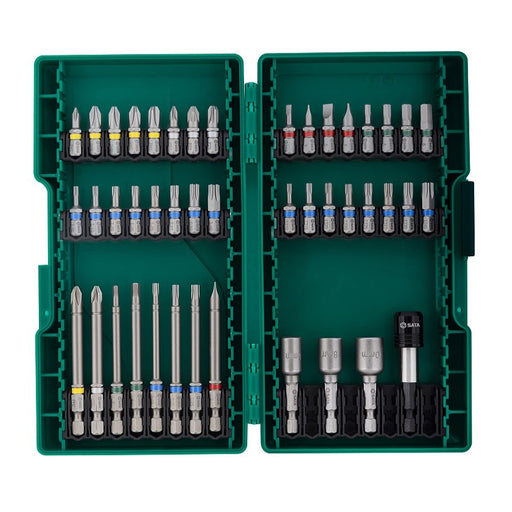 Bộ mũi vặn vít 44 chi tiết SATA 09337 đa năng, thép S2, đuôi lục giác 6.35mm, kèm đầu giữ từ tính.