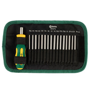 Bộ tua vít SATA 09375 17 chi tiết, đuôi lục giác 6.35mm, thép S2, tay cầm chống trượt, kèm túi vải.