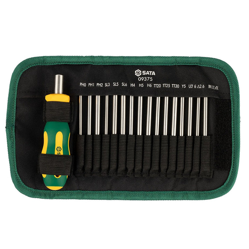 Bộ tua vít SATA 09375 17 chi tiết, đuôi lục giác 6.35mm, thép S2, tay cầm chống trượt, kèm túi vải.