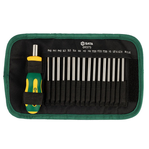 Bộ tua vít SATA 09375 17 chi tiết, đuôi lục giác 6.35mm, thép S2, tay cầm chống trượt, kèm túi vải.