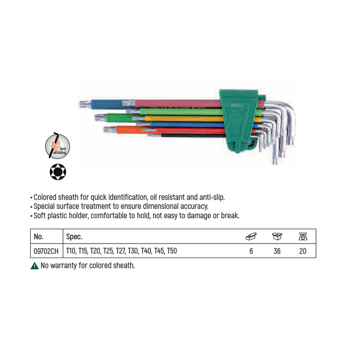 Bộ 9 cây lục giác sao chống trượt loại dài, có mã màu, (đầu có lỗ nhỏ) chất liệu bằng thép crom SATA 09702CH