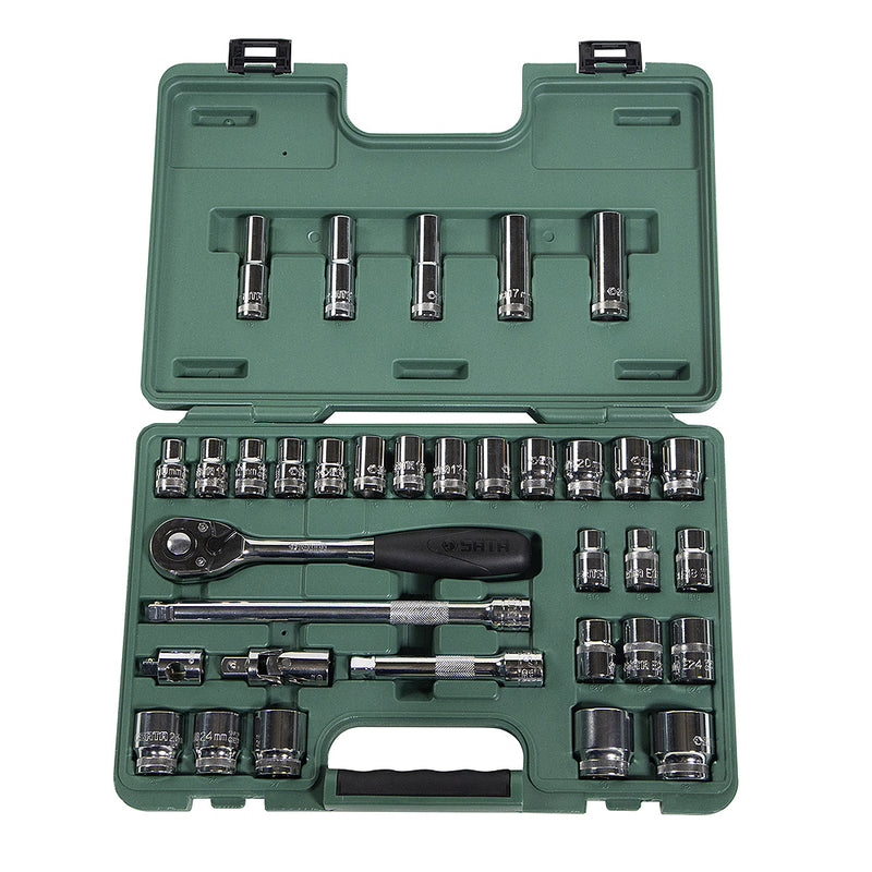 Bộ đầu tuýp, kèm cần siết tự động 34 chi tiết SATA 09945 cốt 1/2 inch
