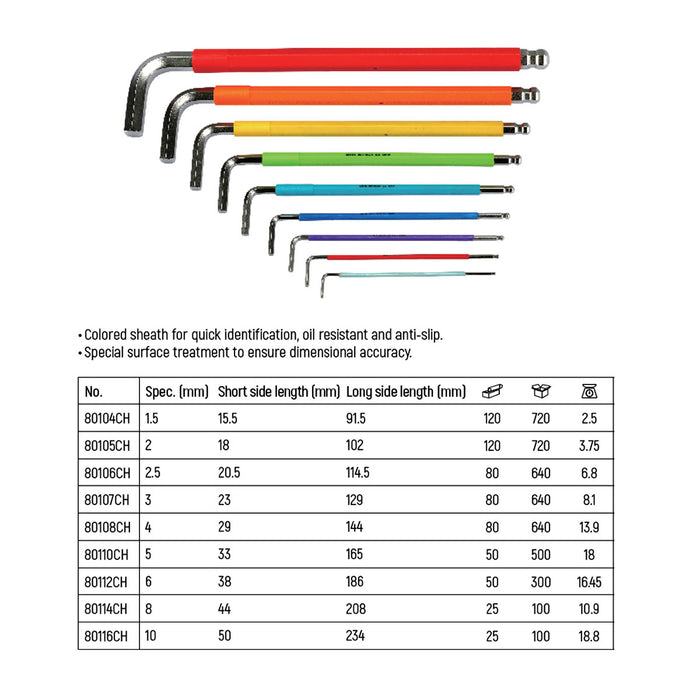 Cây lục giác bi SATA loại siêu dài (Extra long), thép CR-V, bọc nhựa màu, chống trượt