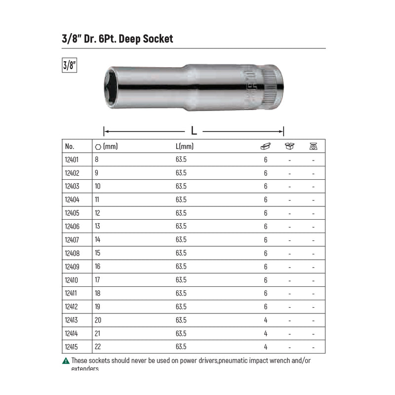 3/8 英寸驱动 6 点深套筒，适用于 8 mm 至 22 mm SATA 接口