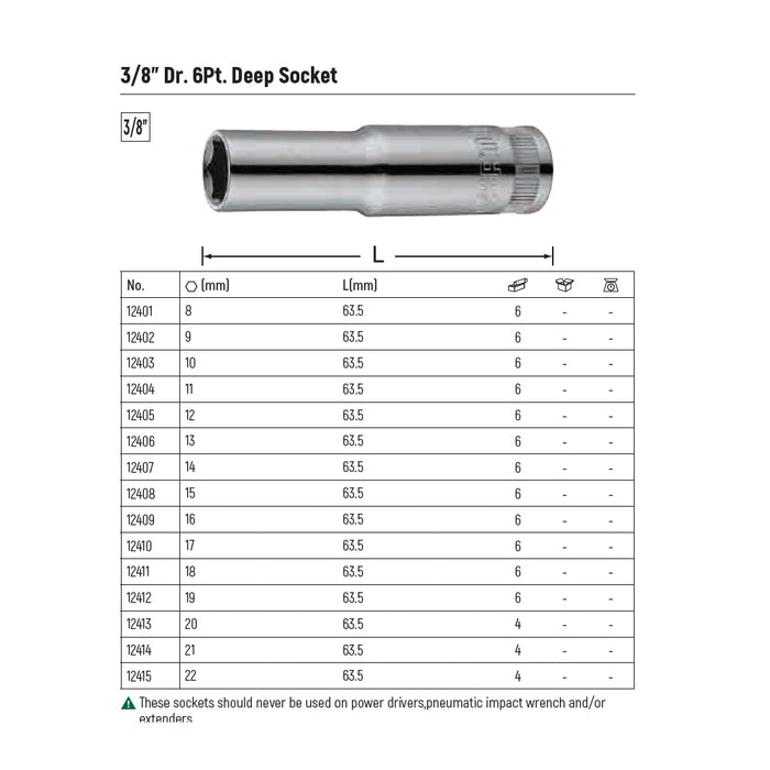 Đầu tuýp 6 cạnh gắn cốt 3/8inch, dài 63.5mm, số từ 8mm-22mm SATA