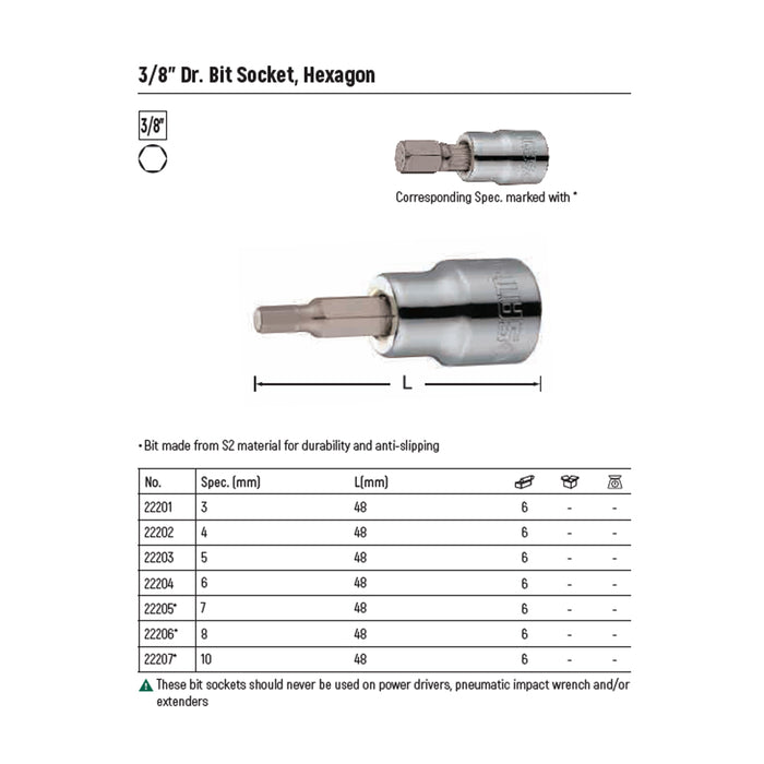 Đầu tuýp mũi lục giác gắn cốt 3/8inch 3mm-10mm SATA