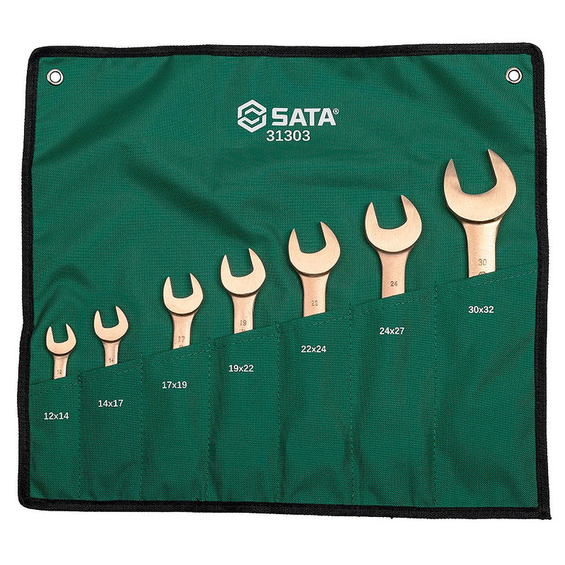 Bộ cờ lê 2 đầu miệng chống tia lửa điện SATA 31303, 7 chi tiết, 12-32mm, Đồng Beryllium, chống nổ ATEX/DIN EN 1127, túi đựng vải, màu đồng.