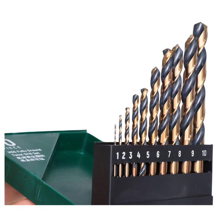 Bộ mũi khoan kim loại chất liệu thép HSS-Tin đuôi trơn 10 chi tiết SATA 52510 kích thước từ 1mm - 10mm